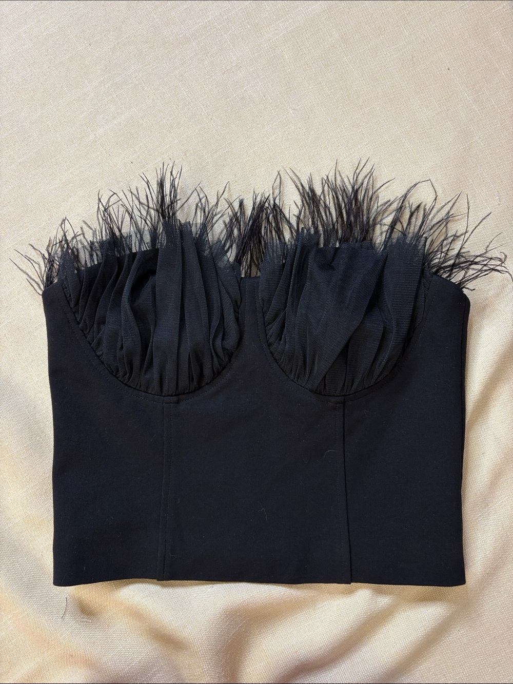 Eva Franco Black Strapless Feather-Trim Crop Top